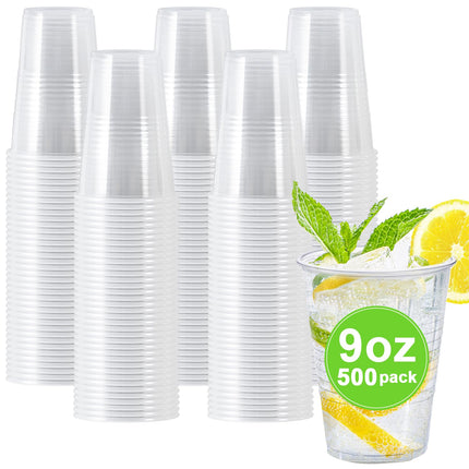 Clawsoff 500 Pack 9 oz Plastic Cups, Disposable Drinking Cups, Water Cups Plastic Clear Cups for Party, Wedding, Graduation, Travel, Holiday, Events, Birthday,Cold,Hot