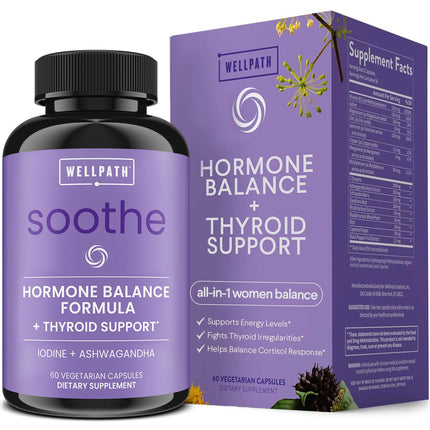 WellPath Soothe Hormone Balance for Women - Thyroid Support for Women - Ashwagandha, Rhodiola, Iodine, Selenium & L-Tyrosine - Mood & Adrenal Support Supplement - Non-GMO, Gluten-Free, 60 Ct