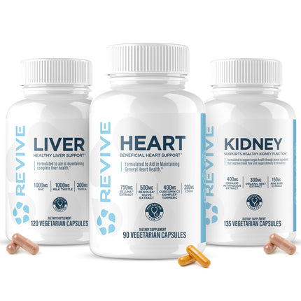 Revive MD Supplement Bundle for Heart, Kidney & Liver Health – Daily Organ Support with Natural Ingredients – Vegan, Gluten-Free & Soy-Free Supplements for Men & Women – 45 Servings + 30 Servings (x2)