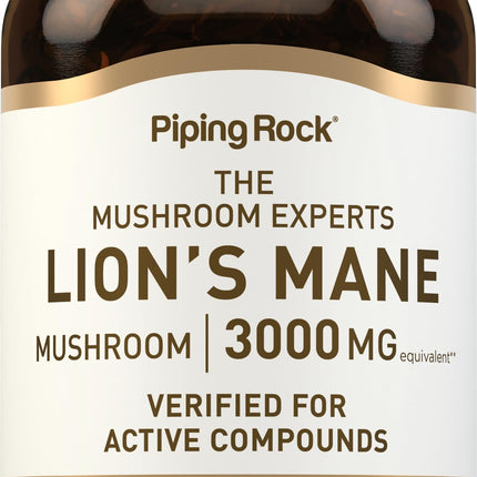 Piping Rock Lions Mane Supplement | 180 Softgel Capsules | Mushroom Fruiting Body Extract | Non-GMO, Gluten Free