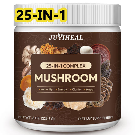 JUYIHEAL 25-in-1 Mushroom Powder, 2000MG Mushroom Complex - Lions Mane, Reishi, Shiitake, Chaga, Turkey Tail, Cordyceps & More, Mushroom Blend Powder for Energy, Memory, Focus & Immune Support 8oz