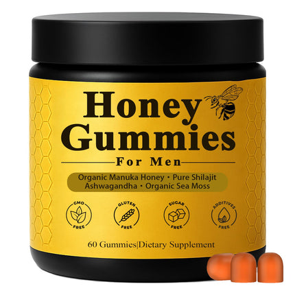 Dotkara Honey Gummies for Men, Vitality Booster Manuka Honey Gummies, with Shilajit, Ashwagandha, Sea Moss, Improves Endurance, Lowers Cortisol, Reduces Fatigue, Vegan, Non-GMO (60 Gummies) (1)