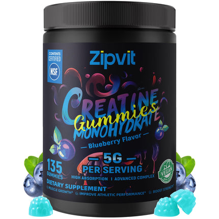 Creatine Monohydrate Gummies, NSF Certified Creatine Gummy, 5g Dose for Men & Women to Support Muscle, Strength, Recovery, Cognitive Health & Memory, Blueberry Flavor, 135 Gummies