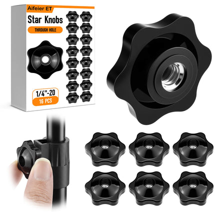 Aifeier ET 16 Pcs 1/4"-20 Inch Knob | Black Nylon Screw-On Type Thru Threaded Nuts | 6-Star Shape Hand Tighten Clamping Knobs (0.25"/6.35mm)