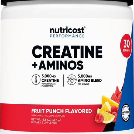 Nutricost Creatine + Aminos 30 Servings (Fruit Punch Flavored) - 5,000mg Creatine Monohydrate + 5000mg Amino BCAA Blend Per Serving