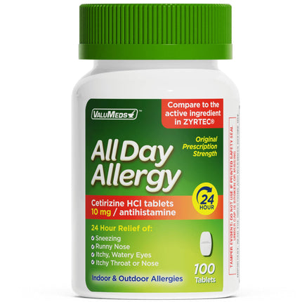 ValuMeds 24-Hour Allergy Medicine Antihistamine for Pollen, Hay Fever, Dry, Itchy Eyes, Allergies | Cetirizine HCl 10mg Caplets, Compare to Leading Brand (100 Count)