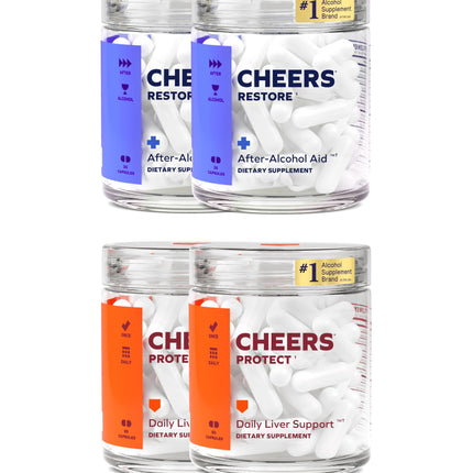 Cheers Liver Combo | Restore + Protect | Support Your Liver & Feel Better After Drinking | DHM, L-Cysteine, Milk Thistle, Prickly Pear, B-Vitamins | 24 Doses Restore, 60 Doses Protect | Supplements