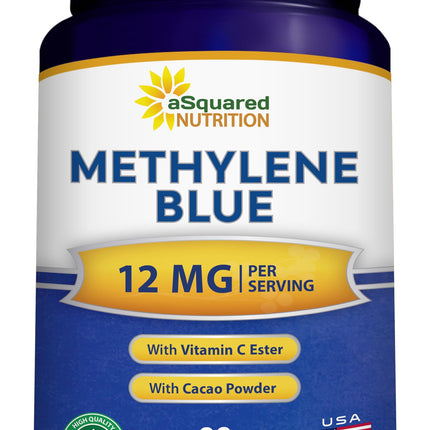 aSquared Nutrition Methylene Blue Capsules - Pharmaceutical Grade Supplement for Humans - 12mg Per Serving USP Grade - w/Vitamin C & Cacao Powder - Brain, Focus, Energy - Alt to Drops & Tablets