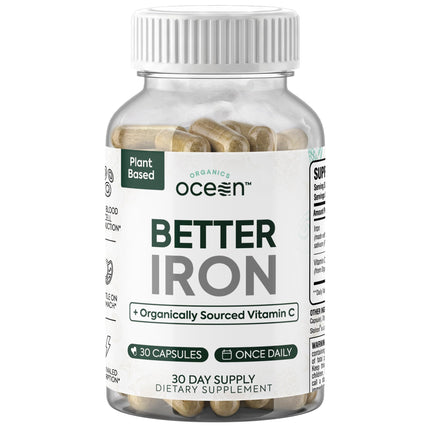 Organics Ocean Better Iron Supplement with Vitamin C - Plant-Based Fermented Pea Formula - Supports Iron Absorption, Energy & Vitality - Gentle on the Stomach, Vegan, Non-GMO - 1 Pack