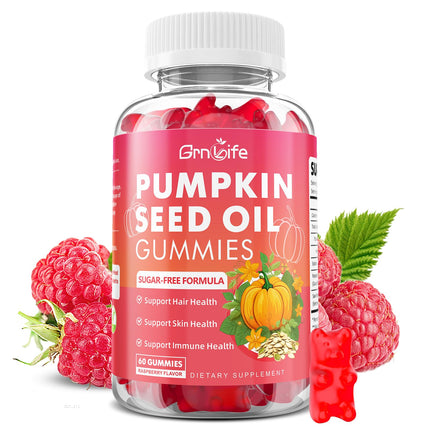 GrnLife Pumpkin Seed Oil Gummies with Saw Palmetto, Organic Pumpkin Seed Oil Supplement for Hair Growth & Skin Health, High Pure Extract for Women Men, Raspberry Flavor, 60 Count