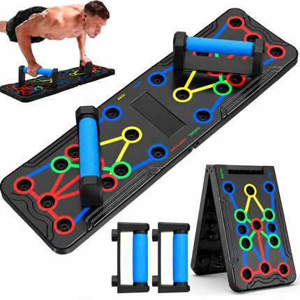Foldable push-up rack for portable strength training, sturdy and stable equipment for men's and women's home gym workouts.
