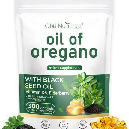 Oil of Oregano Softgels,300 Count, 4-in-1 Oil of Oregano with Black Seed Oil, Vitamin D3 & Elderberry for Immune & Digestive Health, Oregano Oil Capsules Organic, High Carvacrol & Thymoquinone,Non-GMO