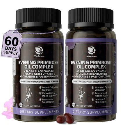 Lukaree 2 Pack Evening Primrose Oil Complex for Women – Hormone Wellness with Cold-Pressed EPO, 10% GLA, Sage, Fulvic Acid, L-Theanine – Cyclical Balance, Mood, Skin & Immune Health, 180 Softgels