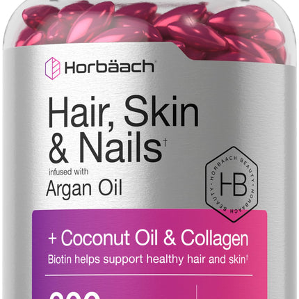 Horbäach Hair Skin and Nails Vitamins | 300 Softgels | with Biotin and Collagen | Infused with Argan Oil and Coconut Oil | Non-GMO, Gluten Free Supplement