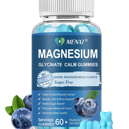 Magnesium Gummies 600mg per Serving-Magnesium Glycinate 400mg and Magnesium Malate 200mg,Sugar Free Magnesium Potassium Supplement for Calm Mood, Muscle, Bone & Sleep Support,60 Blueberry Gummies