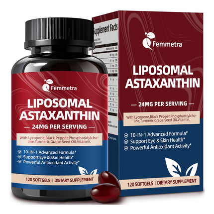 Femmetra Liposomal Astaxanthin 24mg Supplements with Lycopene for Skin & Eye Health Support, 10-in-1 Max Strength Astaxanthin Antioxidant Supplement, Fresh Microalgae Source, Non-GMO, 120 Softgels
