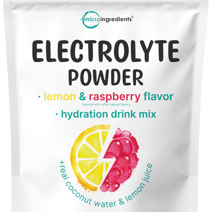 Micro Ingredients Electrolyte Powder, 2 lbs (139 Servings) | Lemon Raspberry Flavor | High Potassium (1,000mg) + Coconut Water & Real Lemon Juice | No Sugar, Keto Friendly | Non-GMO