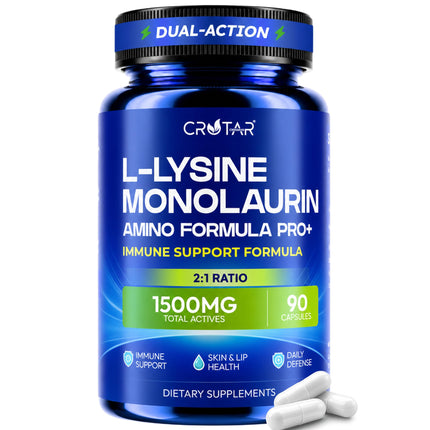 Crotar Lysine 1000mg Capsules with Monolaurin | Immune Support Supplement + Lip, Skin Support | Dual Action Essential Amino Acid Formula | Monolaurin and Lysine Supplement | 90 Capsules