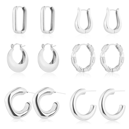 6 Pairs 14K Gold Plated Hoop Earrings for Women Lightweight Chunky Hoop Earrings Multipack Hypoallergenic, Thick Open Twisted Huggie Hoops Earring Set Jewelry for Gifts. (new silver hoops)