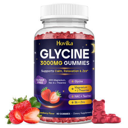 Hovika Glycine Gummies, Glycine 3g Supplements with Magnesium Glycinate, NAC, Taurine, L-Theanine, GABA, Zinc for Sleep, Nerve & Brain, Relax, Detox Support, Vegan Natural Strawberry Flavor, 60cts