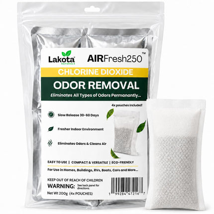 AirFresh250 - Slow Release Chlorine Dioxide Air Purifing Pouch - 4 Pouches. Eliminates all Odors, Professional Strength Odor Remover for Car, RV, Garbage, Refrigerator, Shoes, Closets, Gymbags.