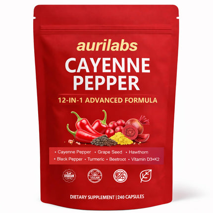 Aurilabs Cayenne Pepper softgels - Vitamin D3+K2 Complex, Circulation Support Formula with Capsaicin & Botanicals, Vegetarian, Non-GMO Softgels for Daily Wellness (1)