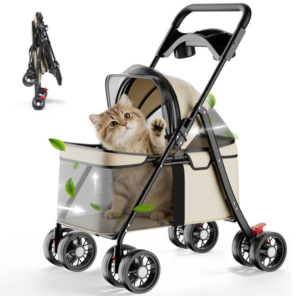 GTPLAYER Foldable Dog Stroller/Cat Stroller for Small Dogs & Cats up to 33 lbs, Pet Stroller with 360° Swivel Lockable Front Wheels, Rear Brakes, Safety Tethers, Breathable Mesh, Cup Holder, Beige