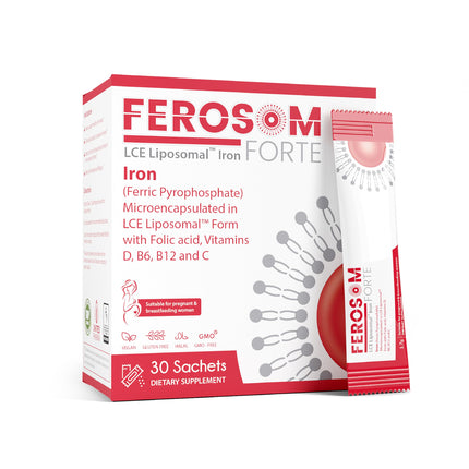 Ferosom Forte LCE Liposomal Iron Powder – 21mg Elemental Iron with Vitamins B12, B6, C, D & Folic Acid – Gentle Berry-Flavored Supplement Drink, 30 Vegan Sachets
