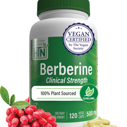 Health Thru Nutrition Berberine HCl 500mg 120 Servings | Clinical Strength Supplement | Certified Vegan | Non-GMO | Soy Free | 3rd Party Tested