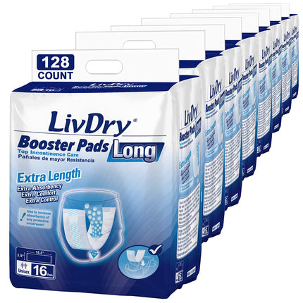 LivDry Incontinence Booster Pads, Use with Adult Diapers for Women and Men, Extra Comfort Softness, Disposable Pad (128 Count, Long Length)