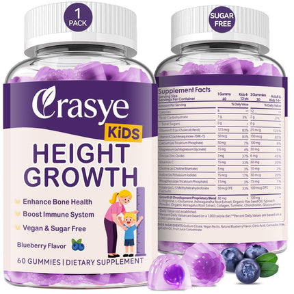 Crasye Height Growth Gummies for Kids & Teens - Calcium, Vitamin D3 + K2, Zinc, Magnesium, L-Arginine - Teen Multivitamin Gummies for Children Bone Strength and Immunity - 60 Gummies