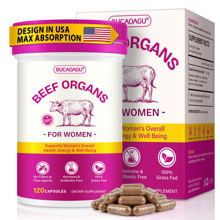 Beef Organ Supplement for Women - Grass-Fed Beef Liver, Kidney, Heart, Uterus, Ovary - Supports Female Energy & Hormone Balance - Pasture Raised in New Zealand - Iron, B12 & CoQ10 - 120 Capsules