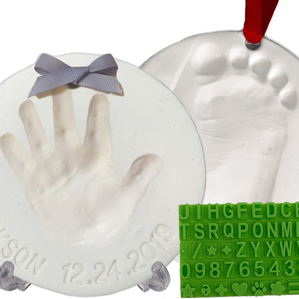 Baby Handprint Footprint Keepsake Ornament Kit (Makes 2) - Bonus Stencil for Personalized Christmas, Newborn, New Mom & Shower Gifts. 2 Easels! Non-Toxic Clay, Air-Dries Light & Soft, Won't Crack.