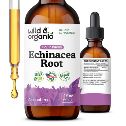 Wild & Organic Echinacea Tincture - Immune & Lymphatic Drainage Supplements - Liquid Echinacea Herb Drops - Add to Tea - Angustifolia Extract - Vegan, Sugar & Alcohol-Free - 2 fl oz