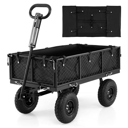 Goplus 880lbs Heavy Duty Garden Cart, Metal Utility Wagon Cart with Removable Oxford Cloth Liner & Mesh Sides, 10" Pneumatic Tires, 180° Rotating Handle for Yard, Lawn