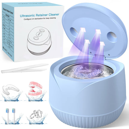 Dental Ultrasonic Retainer Cleaner Machine: 45kHz Dental Cleaning Pod with Digital Timer & 200ML, Cleaning for Dentures, Mouth Guards, Aligners, Night Guards, Braces, Toothbrush Heads & Jewelry, Blue