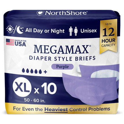 NorthShore MegaMax Made in USA 12-Hour HBL Adult Diapers for Heavy Bladder Leaks, X-Large, 10 Count, Purple, 50-60 inches, Tab-Style Incontinence Underwear for Men, Women & Teens