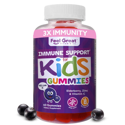 Feel Great Immune Support for Kids | Vitamin C Zinc & Elderberry Gummies | Sambucus Nigra Immunity Multivitamin | Vegetarian | 60 Day Supply