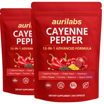 WSJAWH Aurilabs Cayenne Pepper softgels - Vitamin D3+K2 Complex, Circulation Support Formula with Capsaicin & Botanicals, Vegetarian, Non-GMO Softgels for Daily Wellness (2)