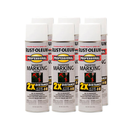 Rust-Oleum 266593-6PK Professional 2X Distance Inverted Marking Spray Paint, 15 oz, White, 6 Pack