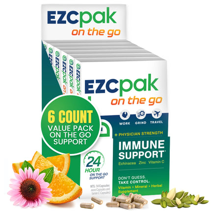 EZC Pak On The Go Immune System Booster with Echinacea, Vitamin C, Zinc, Immune Support Supplement, Immunity Vitamins for Adults, Travel-Friendly Packaging, Vegetarian, Gluten-Free - Pack of 6