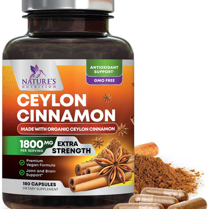 Organic Ceylon Cinnamon Capsules - Extra Strength Certified Organic Ceylon Cinnamon 1800mg Per Serving Supplement Pill - Energy & Heart Support Antioxidant for Women & Men, Bottled USA - 180 Capsules
