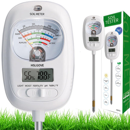HSLGOVE Soil Test Kit, 7-in-One Soil Moisture Meter/Soil PH Meter/Fertility, Dual Screen Soil Tester w/Digital Soil Temp/Air Temp&Humidity for Plants Gardening,Lawn,Farm Indoor&Outdoor-Lvory White