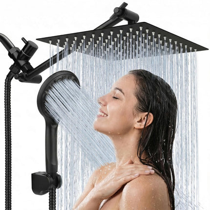 Tudoccy Shower Head, 8‘’ High Pressure Rainfall Shower Head/Handheld Shower Combo with 11'' Extension Arm, 9 Settings Anti-leak Shower Head with Holder, Height/Angle Adjustable, Matte Black