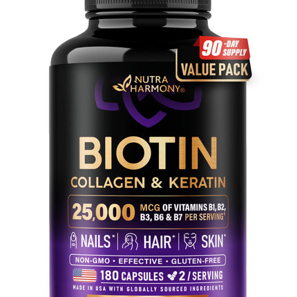 Biotin | Collagen | Hyaluronic Acid | Keratin - Support Normal Hair Growth Cycle, Skin & Nails - Clinically Tested - 25000mcg Vitamins B1, B2, B3, B6 & B7 - for Women & Men - Made in USA, 180 Capsules