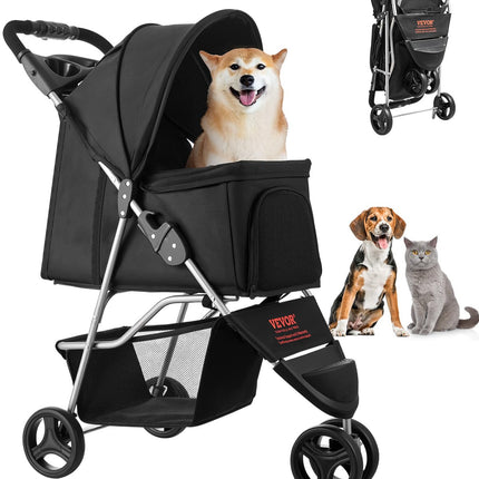 VEVOR Pet Stroller, 35 lbs Weight Capacity, Foldable Dog Cart, 3 Wheels Cats Carts with Mesh Windows and Cup Holders, Portable Pet Carrier Stroller with Brake, for Small to Medium Pets