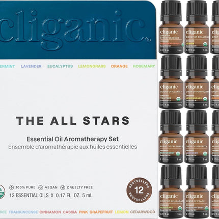 Cliganic Organic Essential Oils Set (Top 12, Pack of 2) - 100% Pure - Peppermint, Lavender, Eucalyptus, Tea Tree, Lemongrass, Rosemary, Frankincense, Orange, Lemon, Cassia, Cedarwood & Grapefruit