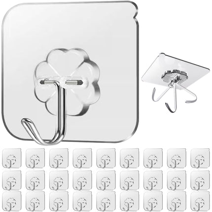 Lahedomege 28 Pack Sticky Hooks for Hanging Heavy Duty, Wall Hooks Adhesive, Clear self Adhesive Hooks for Wall, Kitchen, Bathroom, Shower & Ceiling