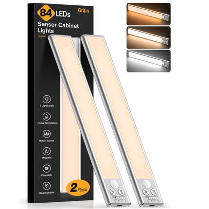 Gritin 10.2inch Under Cabinet Lighting Rechargeable 2 Pack- 3 Color Temps&5 Level Brightness, Super Bright, 4 Modes, Motion Sensor, Long Lasting - Easy Installation Magnetic Under Closet Lights