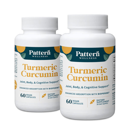 Pattern Wellness Turmeric Curcumin – 95% Curcuminoids with BioPerine® Black Pepper – Supports Joint, Cognitive & Immune Health – Non-GMO, Gluten Free – 120 Capsules